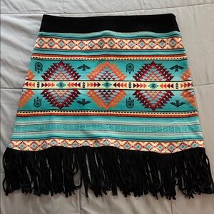 Turquoise Aztec Fringe Mini Skirt - Women